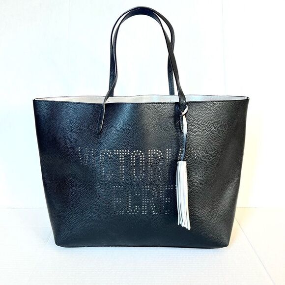 Victorias Secret Black Logo Silver Tassel Weekender  Faux Leather Large Tote Bag - Picture 1 of 13